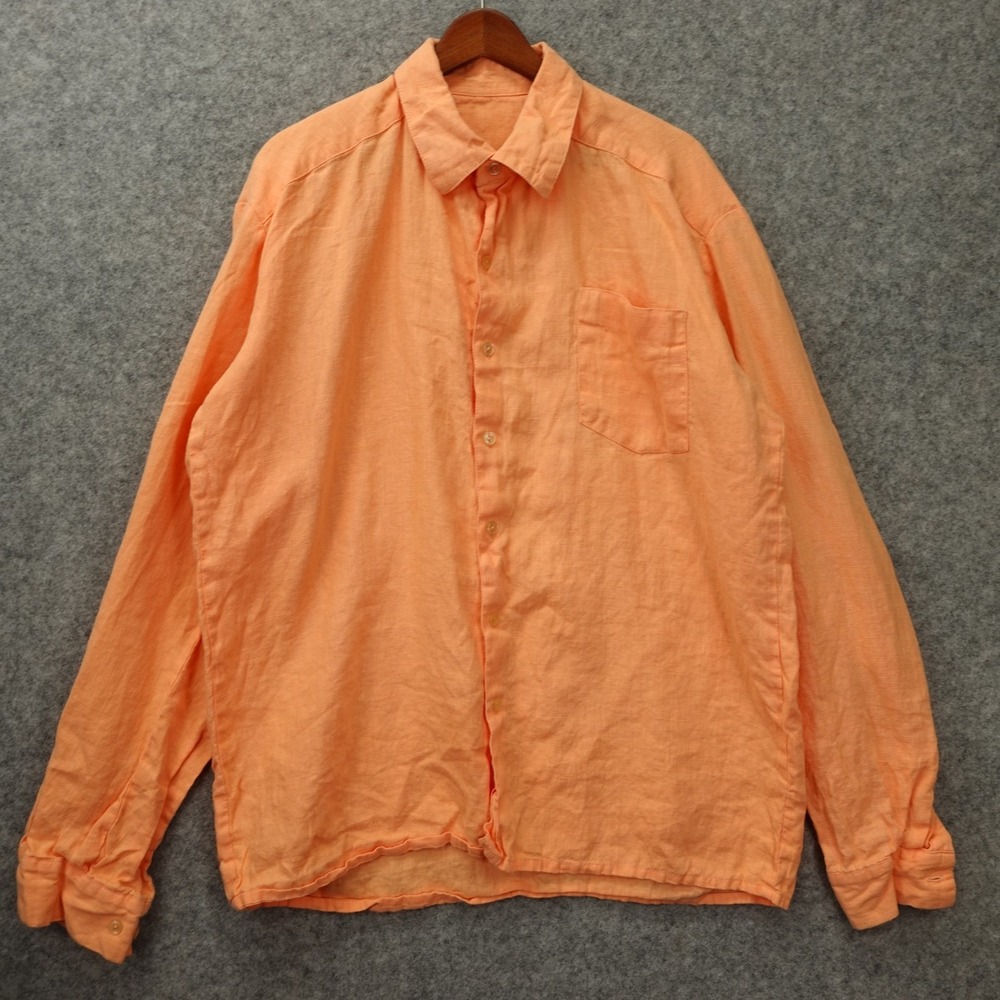 Orange Linen Button Up Shirt Mens XL Solid Light Peach Summer Basic Coastal